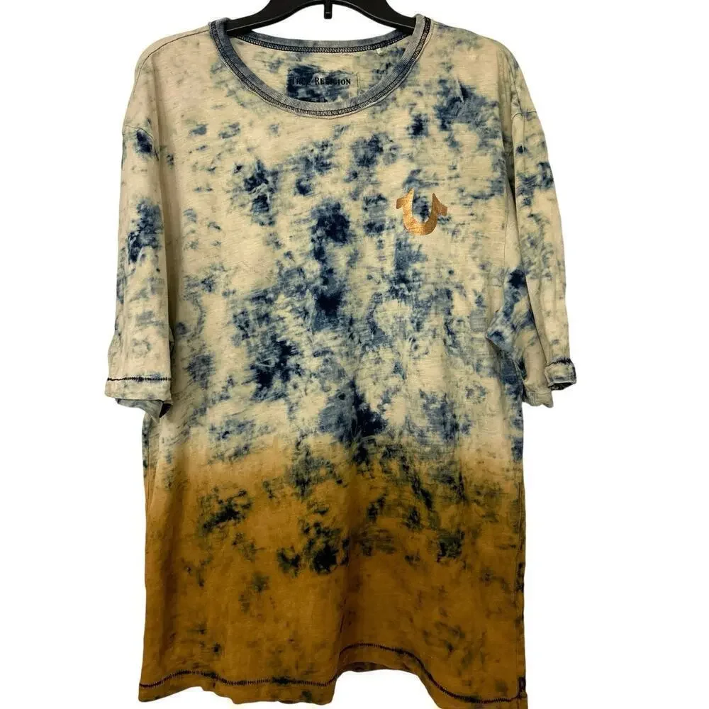 TRUE RELIGION Tie Dye Cotton T Shirt Gold and Blue Ombré XL